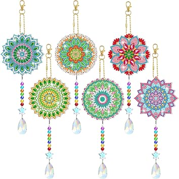 Tradder 6 Pcs Mandala Diamond Art Suncatcher Diamond Painting Wind Chimes Rhinestone Painting Hanging Ornament with Crystal Pendant Colorful DIY Art Kit for Window Garden Porch Home Decor Gift