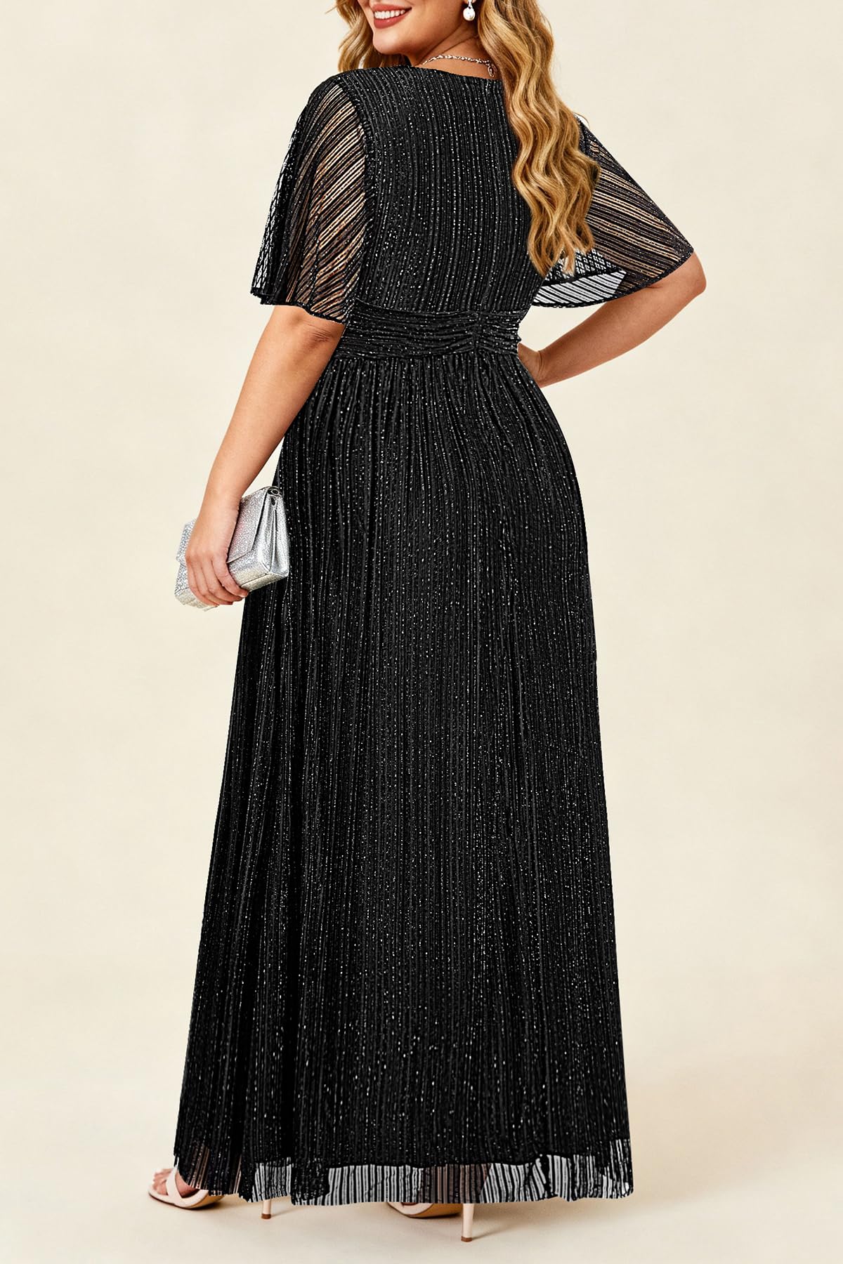 Talisea Plus Size Formal Dresses - Wedding Guest Evening Gown Sparkly Sequin Prom Gala Ball Maxi Dress with Short Sleeves