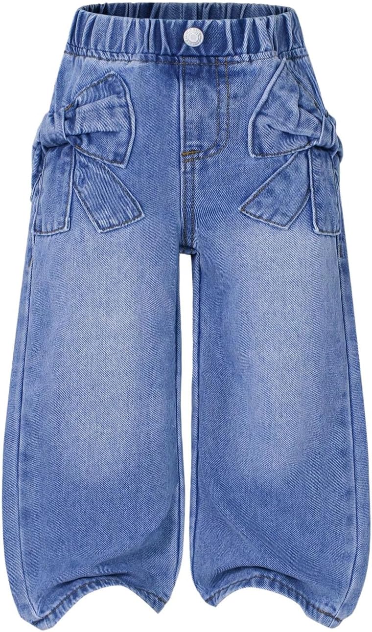 WDIRARA Toddler Girl's Bow Wide Leg Jeans Elastic High Waisted Denim Pants