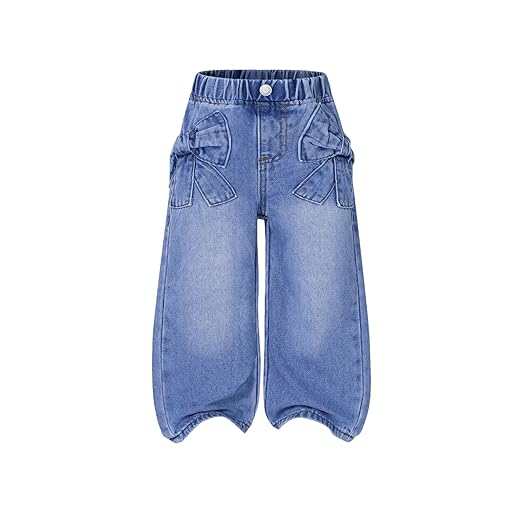 WDIRARA Calça jeans de cintura alta elástica com laço e perna larga para meninas