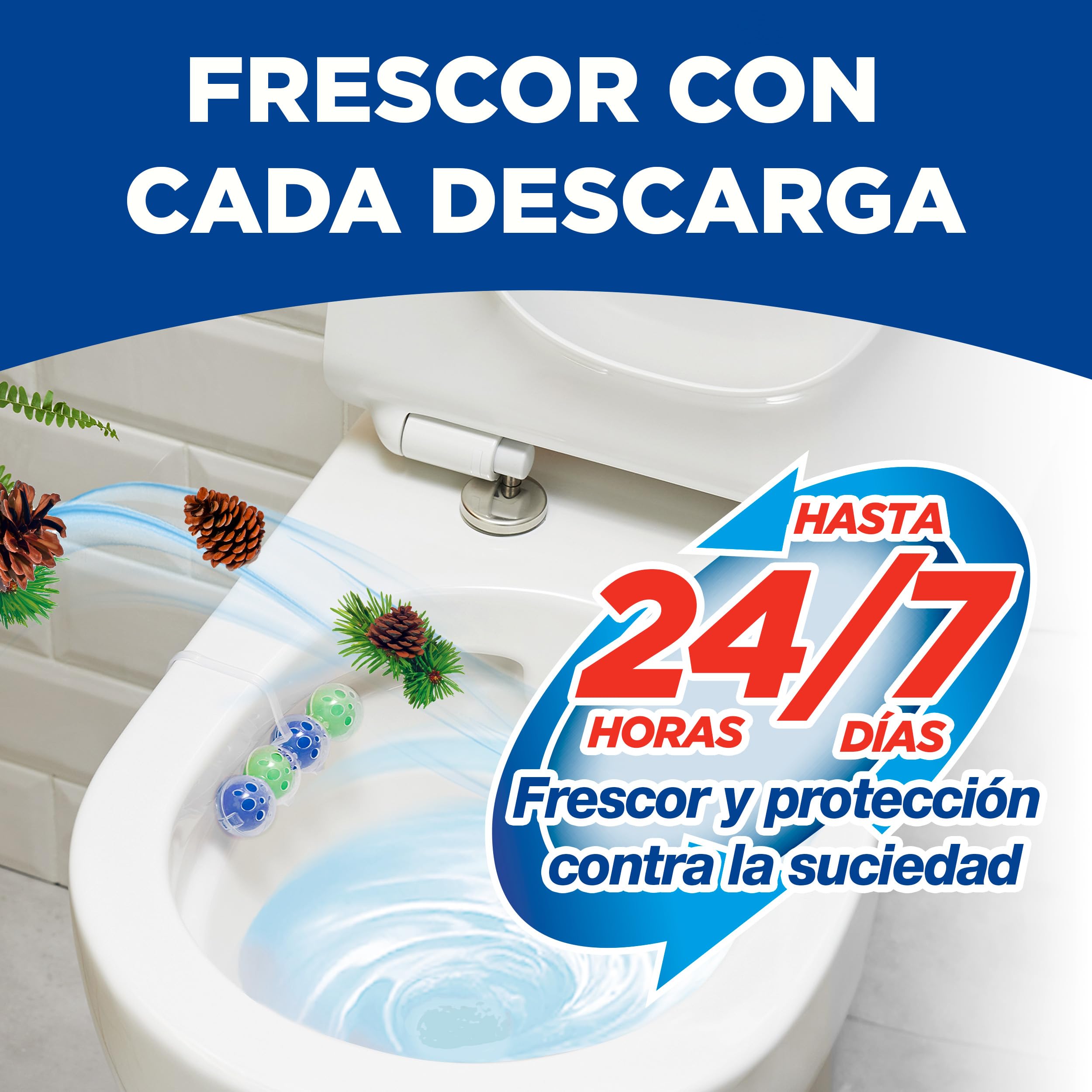 Bref Power Activ Pine (3 unidades), limpia baño con fórmula 4 en 1, cesta higiénica y protectora para inodoro, con aroma a Pino, limpiador baño antical, 24 h de protección