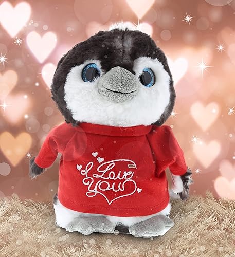 Miniatura 5 de DolliBu Pingüino gris de peluche con texto en inglés "I Love You", bonito animal de peluche con camisa roja y nombre, regalo personalizado para el