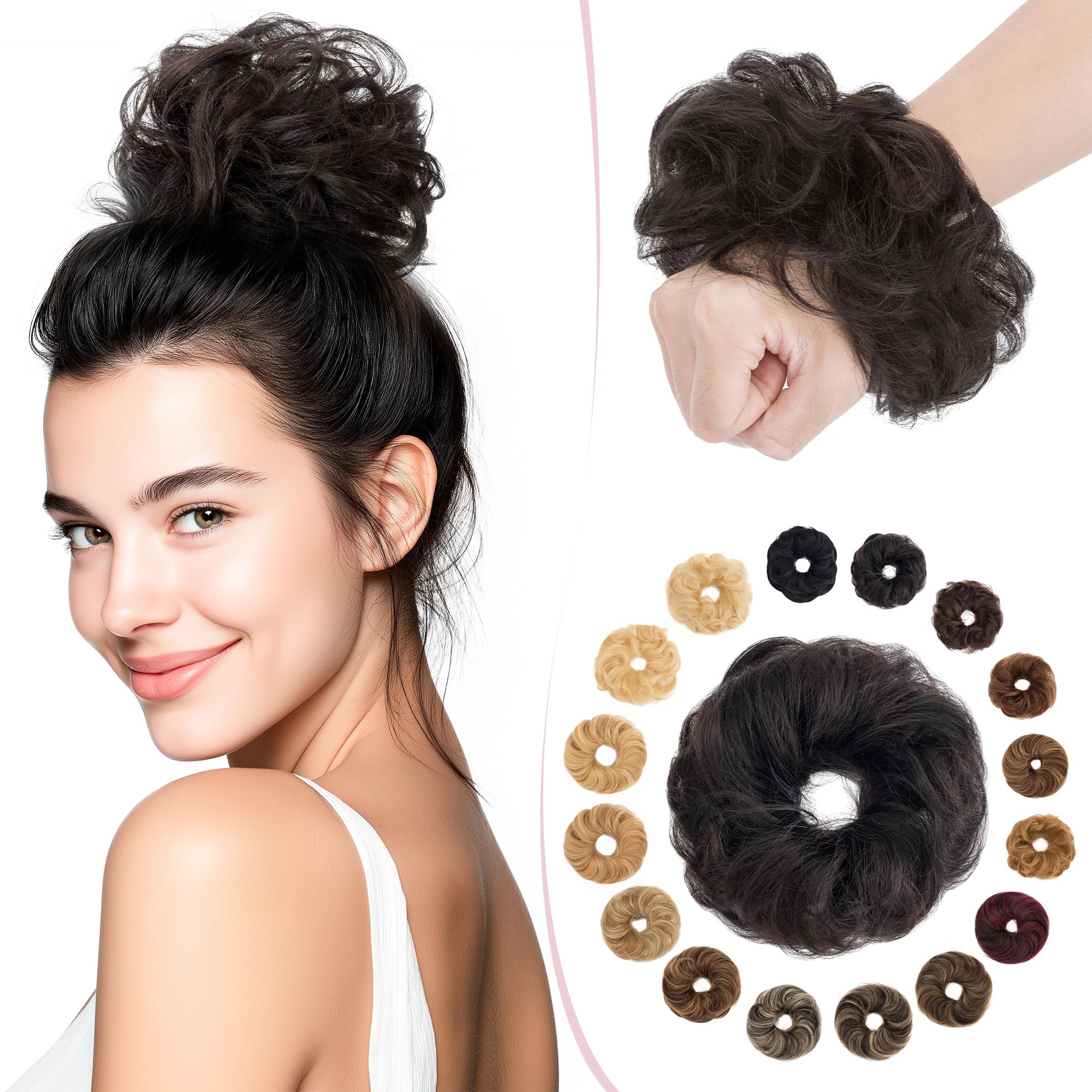 SEGO Pro Haarteil Mit Gummiband Echthaar Dutt Haarteil Echthaar Haargummi Mit Haaren Locken Hair Messy Bun Hochsteckfrisuren Haarverlängerung für Damen Mädchen 17g - Gelockt Naturschwarz #1B