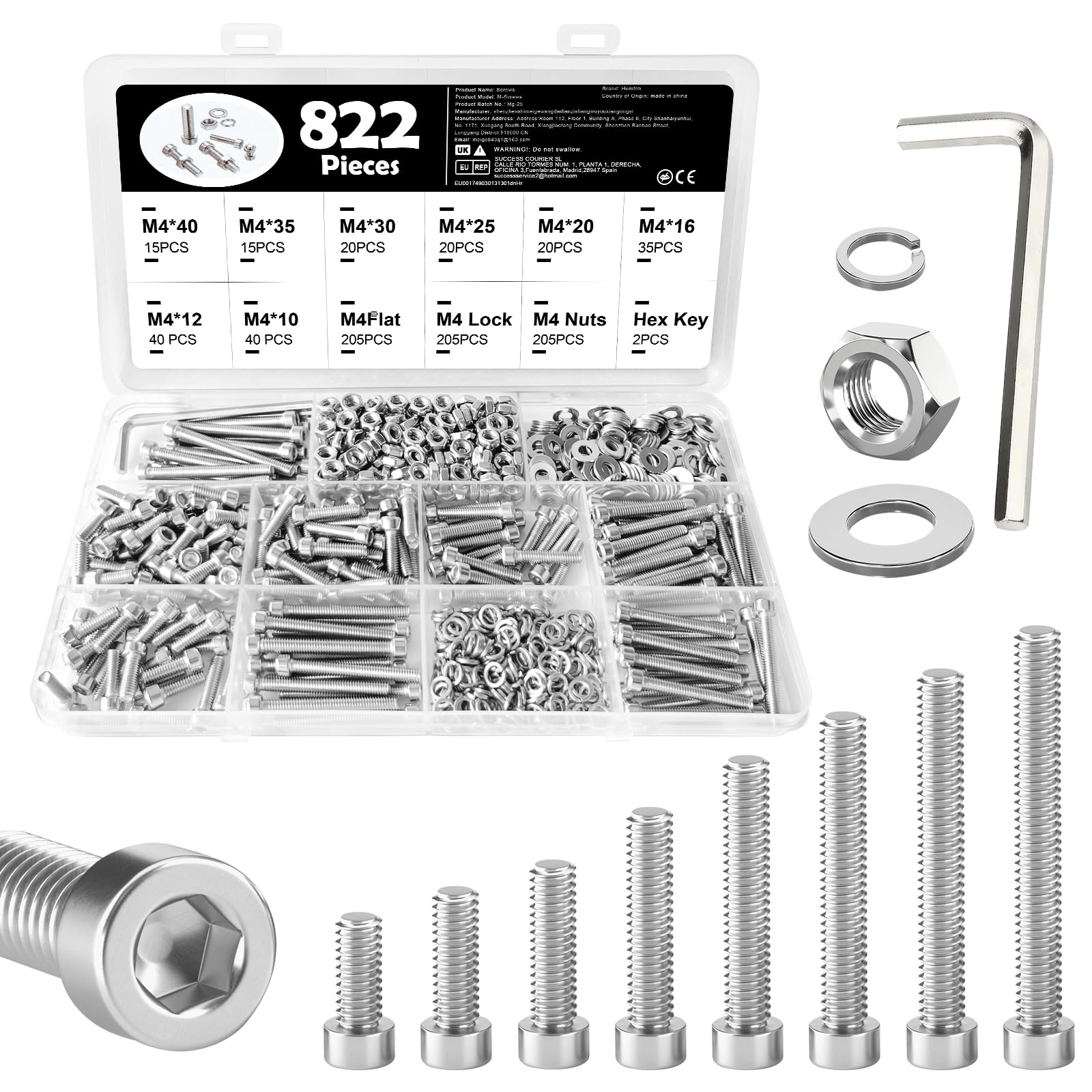 822 Pcs M4 Stainless Steel Nuts and Bolts Set, Including 205 Pcs Bolts, Hex Socket Head Screws, Flat Washers, Lock Washers and 2 Pcs Wrenches