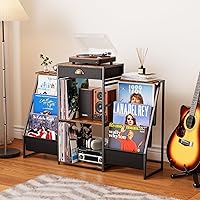 Vista 2 de Record Player Stand with Vinyl Storage – Record Table with Holder,6-Bin Vinyl Storage Rack & Drawer, Dual Side Display Shelves,Holds 200+