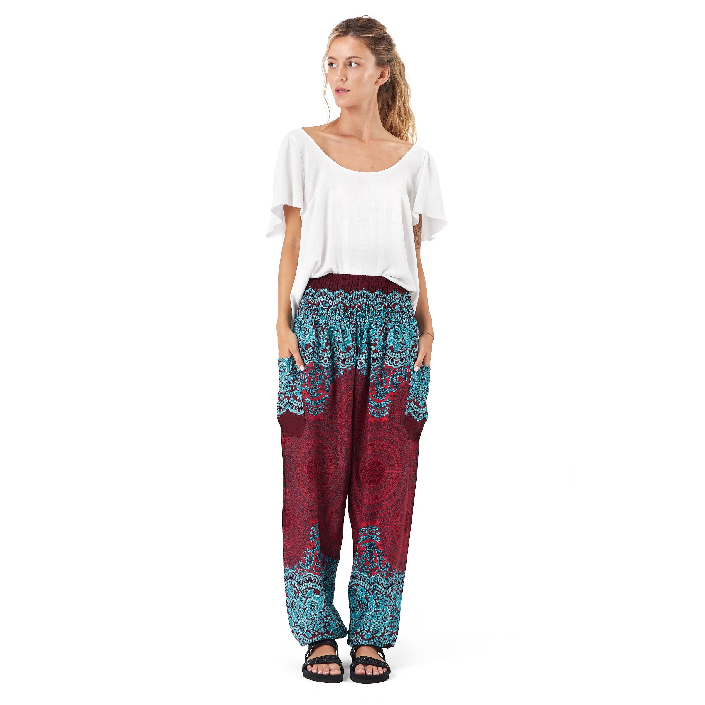 Happy TrunksHarem Pants Women- Hippie Pants for Women – Boho Clothing Bohemian Trousers for Yoga Beach Festival - Casual Loose Lounge Gypsy Pants with Pockets