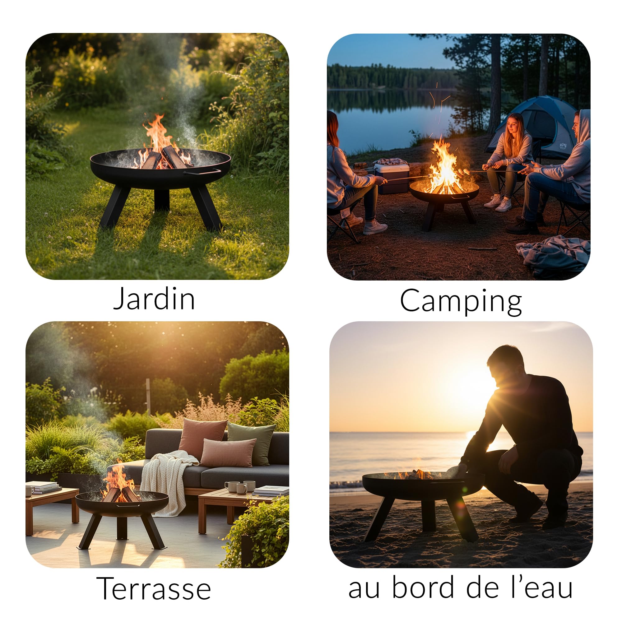 LEHMANN Brasero extérieur Ø 60 cm - 3 Pieds Stables, 2 Poignées de Transport et Évacuation d’Eau - Robuste Brasero pour Feu de Camp en Acier - pour Jardin, Terrasse et Camping - Noir