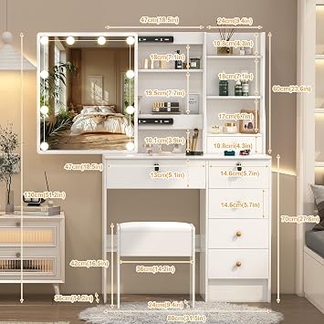 Small Makeup Table with Sliding Mirror and Lights, Vanity Desk with 6 Drawers & 6 Storage Shelves & 1 Vanity Chair, Dressing Table with 3 Adjustable Light Modes, for Bedroom, White