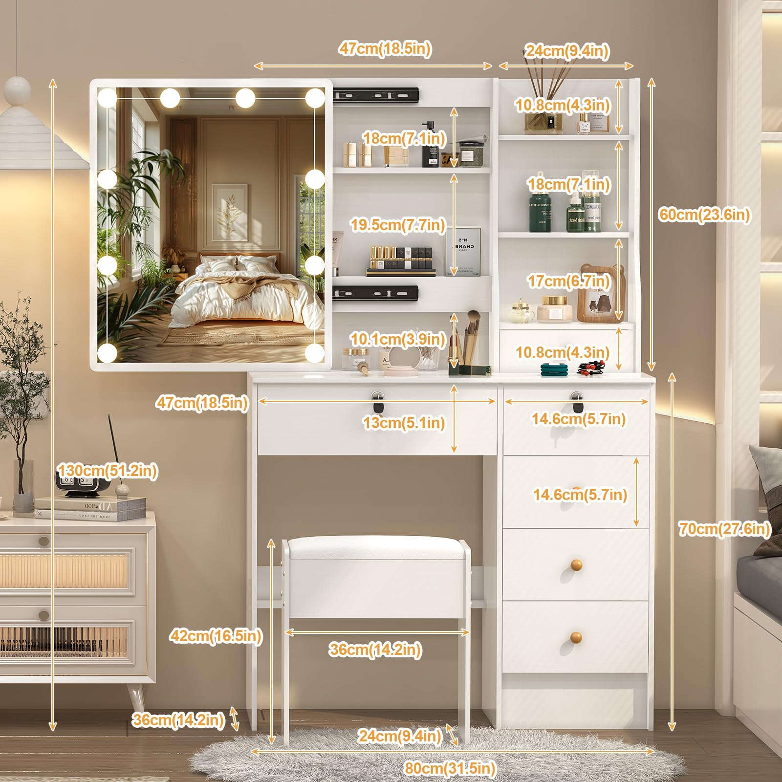 Toeletta da Trucco con Specchio Scorrevole e Sgabello, Scrivania Make Up Ampia con Luci Dimmerabili, 6 Cassetti e 6 Ripiani, 36×80×132 cm, Bianco, J72806