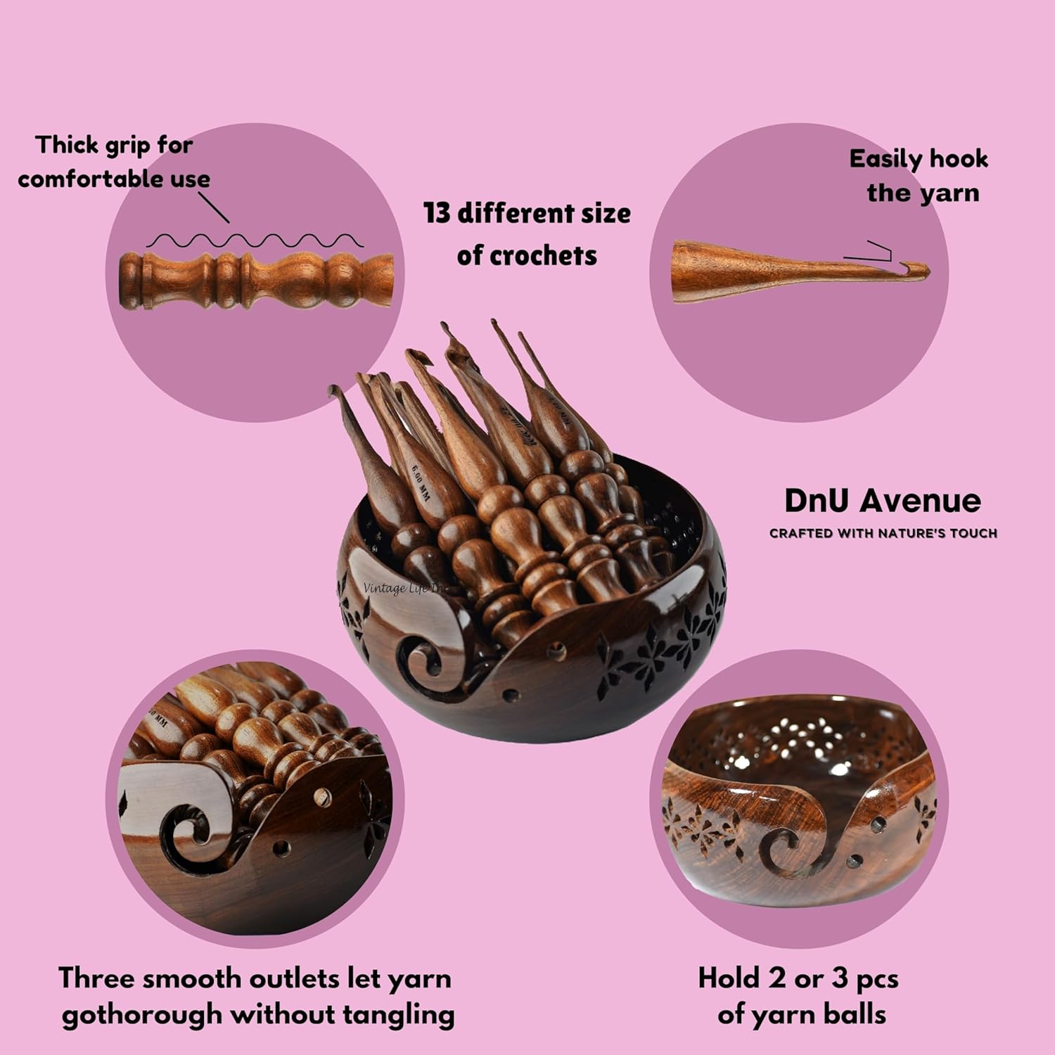 DnU Avenue Sheesham Wood Set of 13 Ergonomic Crochet Hooks 3.5 MM to 12 MM, Wooden Yarn Crochet Hooks for Arthritic Hands, Knitting & Crochet Storage, Soft Grip, Wood finish, Brown (Hooks with Bowl B)