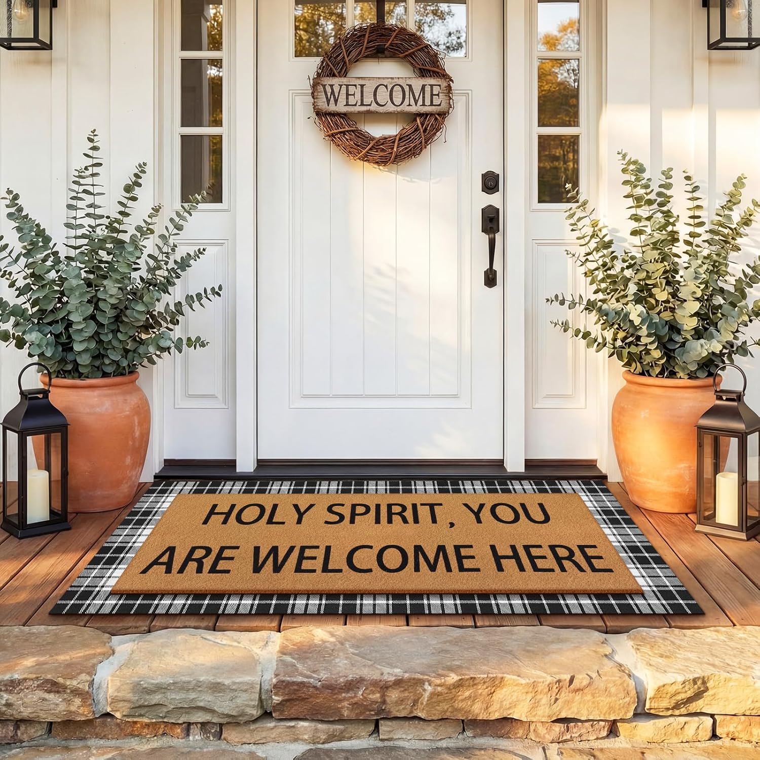 Tinideya 2 Pcs Long Christian Layered Outdoor Welcome Doormat 47"x17" Plaid Layering Rug with Holy Spirit You are Welcome Here Bible Verse Non Slip Door Mats for Front Porch Entryway Home Decor