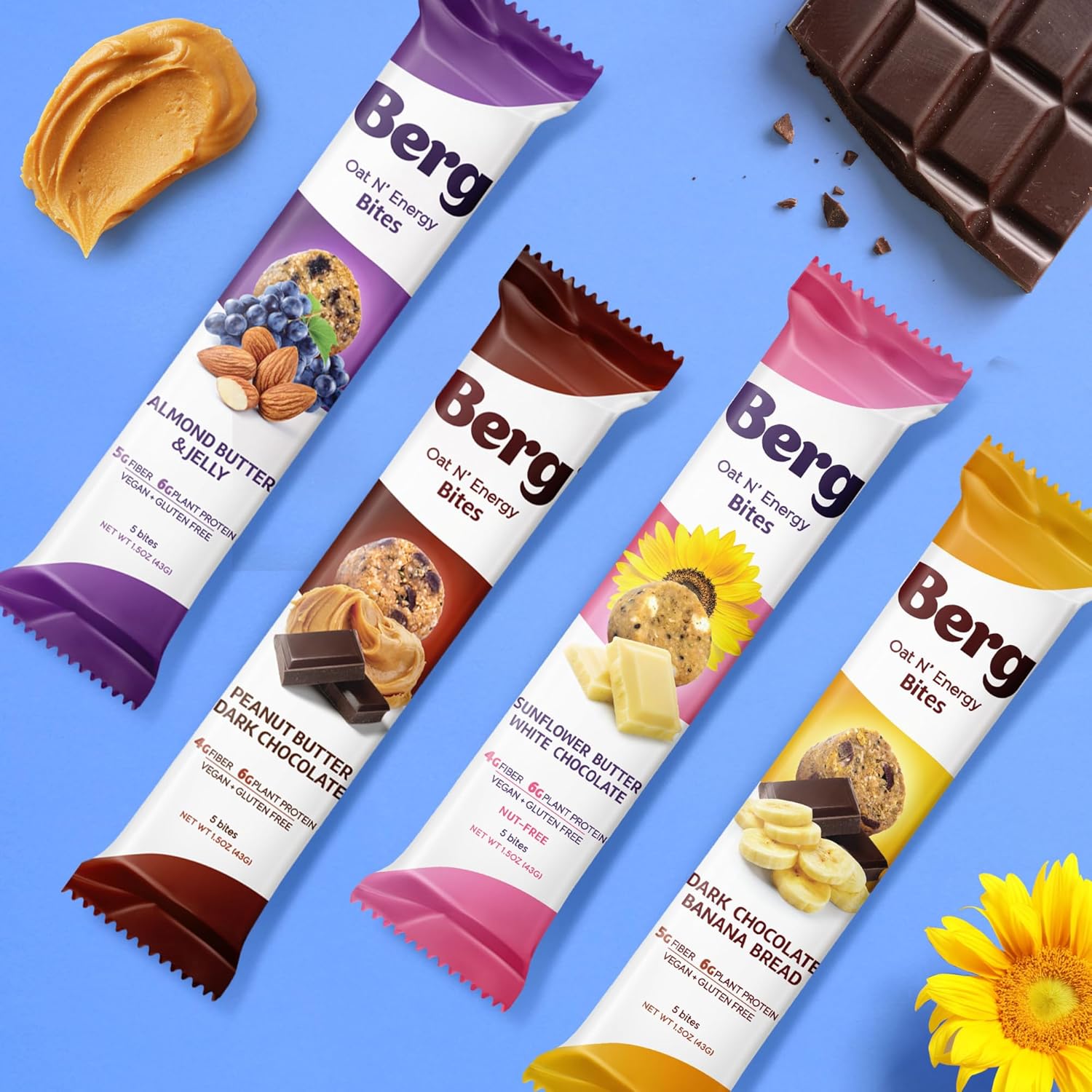 Berg Oat N' Energy Bites - Dark Chocolate Banana Bread - Non-GMO, Gluten Free, Dairy Free, Soy Free and Vegan - Clean Energy Snack - 1.5oz, (8 Pack)