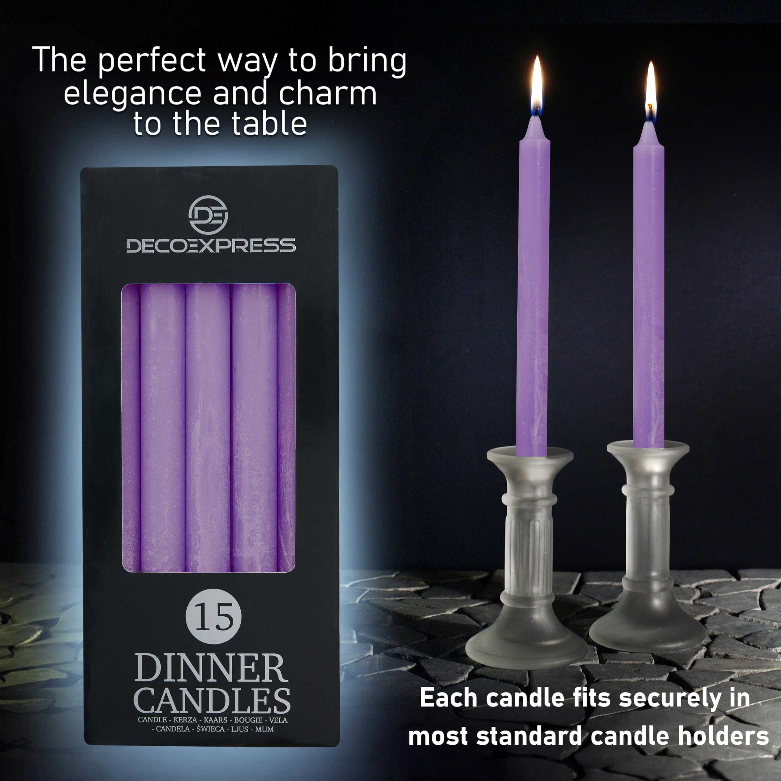 DECO EXPRESS Candele Coniche Set da 15 Candele Rustiche Fatte a Mano Candela Natalizia Durata di Combustione di 9 Ore Senza Profumo (Viola - Confezione da 15)
