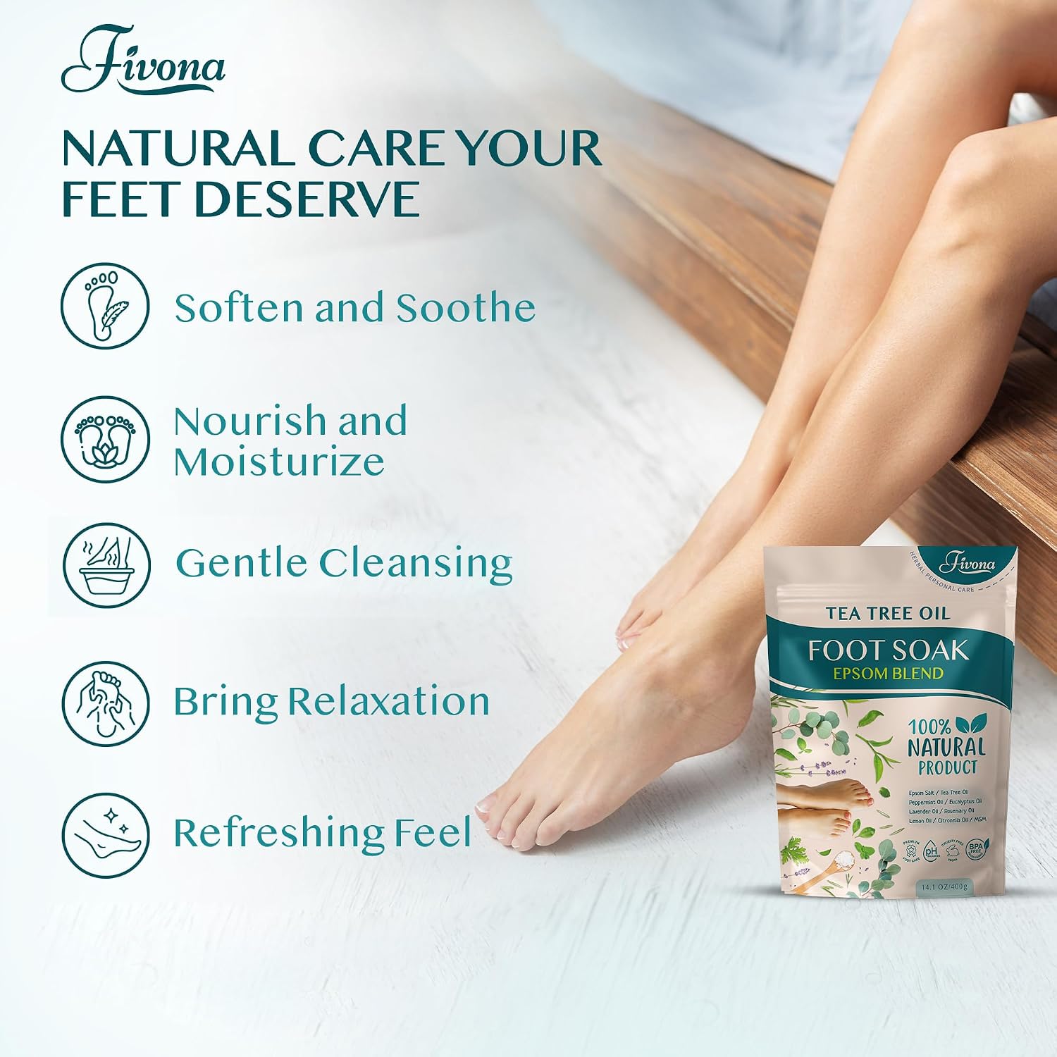 Fivona Tea Tree Foot Soak Blend 14.1 oz - Epsom Salt with Essential Oils for Healthy Toenails, Soothing Relief, Callus Softening - Pedicure Therapy for Soft, Rejuvenated Feet