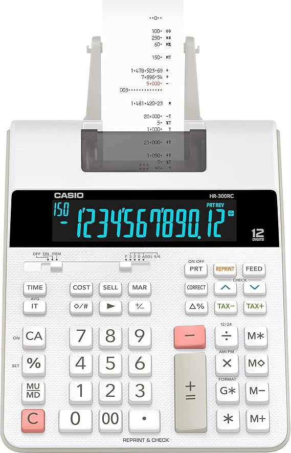Casio HR-300RC Printing Calculator with Backlit LCD Display | Cost/Sell/Margin, Tax & Time Functions | Re-Print & 150-Step Check | Ideal for Personal, Business & Office Use