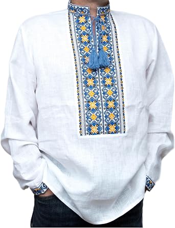 Ukrainian Vyshyvanka for Men Shirt Handmade Embroidered White Linen Blue Yellow Cross Stitch Pattern hemstitch