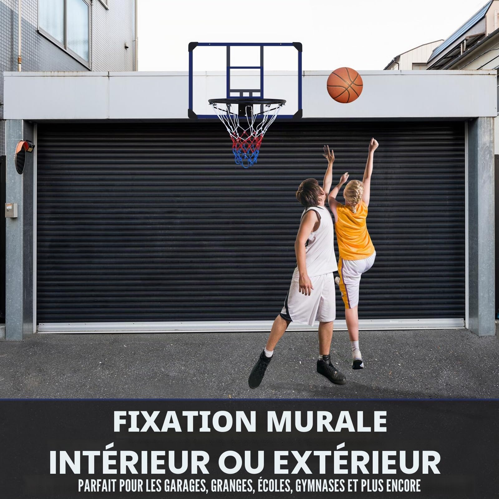 Panier de basket-ball mural, 89 x 60 cm, dos incassable, cerceau pliable, cerceau durable et filet résistant aux intempéries pour une utilisation en intérieur et en extérieur