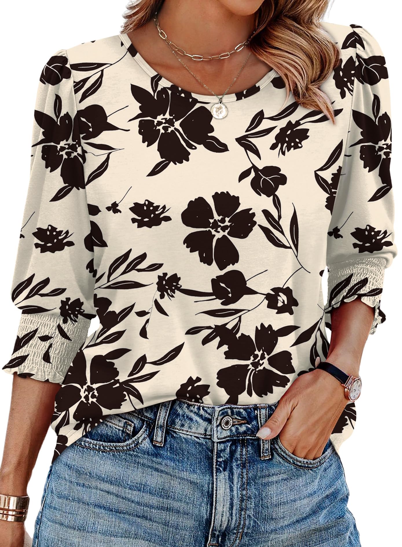 XIEERDUO Blouses for Women Dressy Casual 3/4 Length Sleeve Womens Tops with Smocked Cuffs