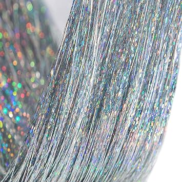 47" 800 Strands Shining Silver Hair Tinsel Sparkle Hair Heat Resistant Silk Extensions DIY,Bling Hair Tinsel Strands Fairy for Kids Girls Women shining silver
