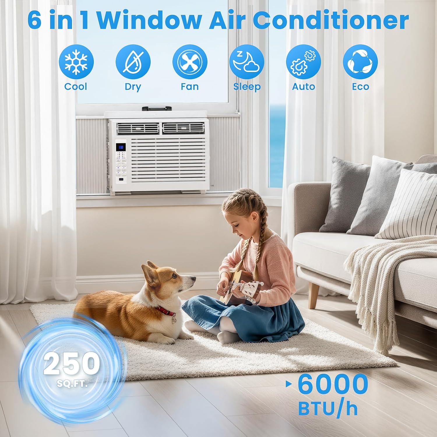 6000 BTU Window Air Conditioner Cool up to 250 Sq. Ft., Ultra-Quiet, Compact-size, Washable and Reusable Filter, Remote Control, 6 in 1 Energy Saving Window AC Unit Fits Small Bedroom, Home, Office