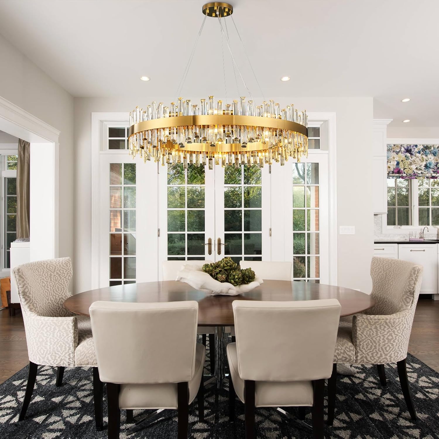 Crystal Chandeliers, Modern 2-Tiers Gold Round Chandelier, Luxury K9 Crystal Hanging Pendant Ceiling Light Fixture for Living Dining Room Kitchen Island Bedroom D39.4''