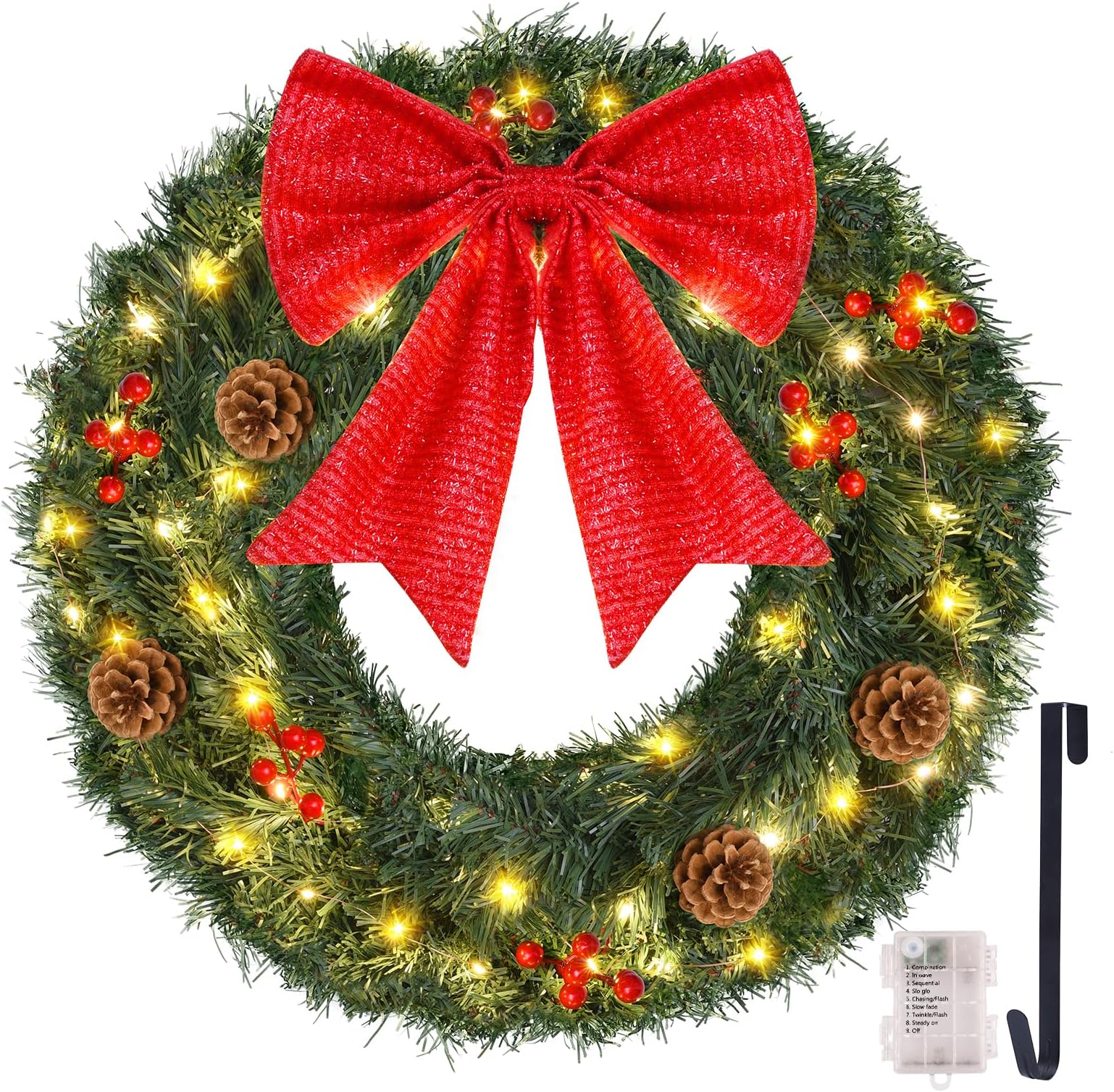 Amazon.com: Tigeen 2 Pcs 24 Inch Lights Christmas Wreath with Bow ...