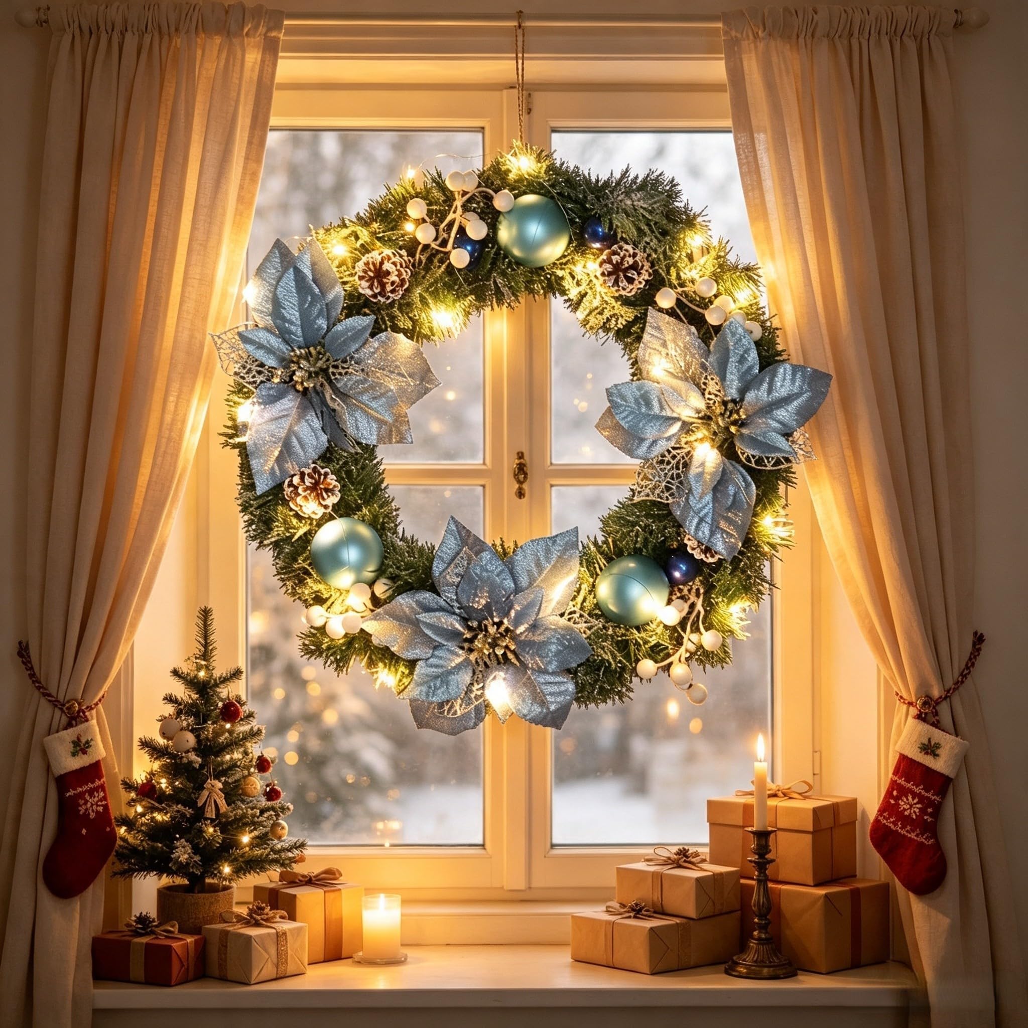Weihnachtskranz Blau Stoffblüten Robust Plastik(LED)
