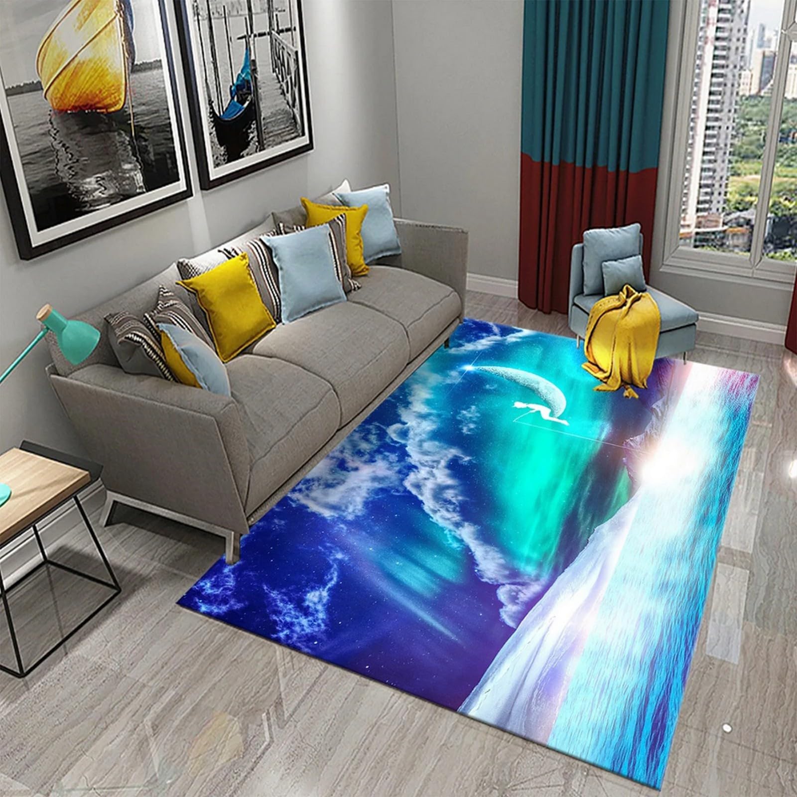 Tapis Salon, Paysage D'Étoiles De Lune 3D Imprimé Tapis De Sol Décoration Antidérapant pour Salon Chambre Cuisine Balcon Terrasse Salle À Manger Intérieur & Extérieur 100 X 150 Cm -877710346906