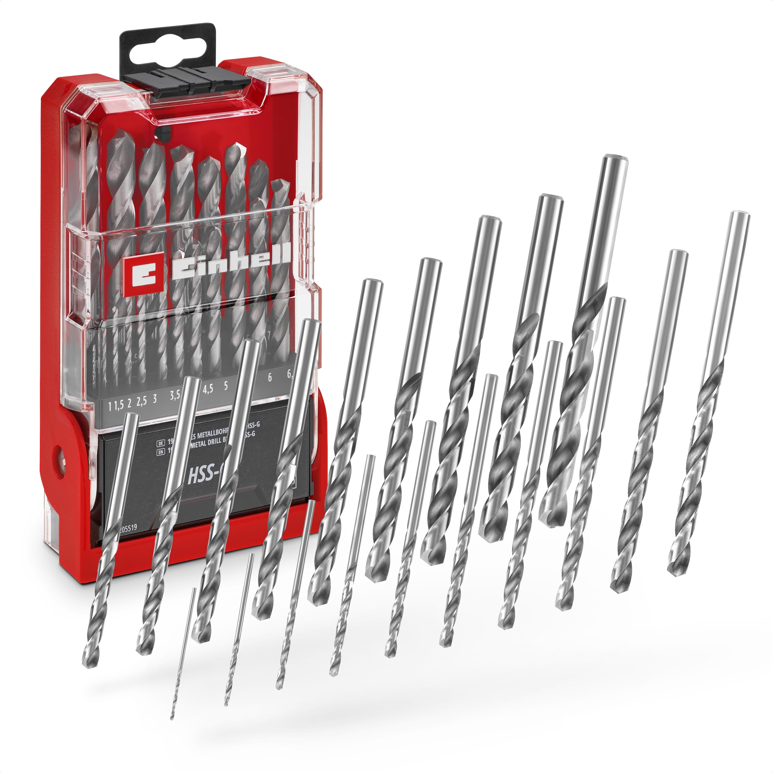 Orijinal Einhell 19 Parça HSS-G Metal Matkap Ucu Seti (HSS 4241 Çelik, Yüksek Parlaklıkta, 135° Split-Point Uç, Frezelenmiş Tip N Helis, Yuvarlak Sap, Saklama Kutulu)