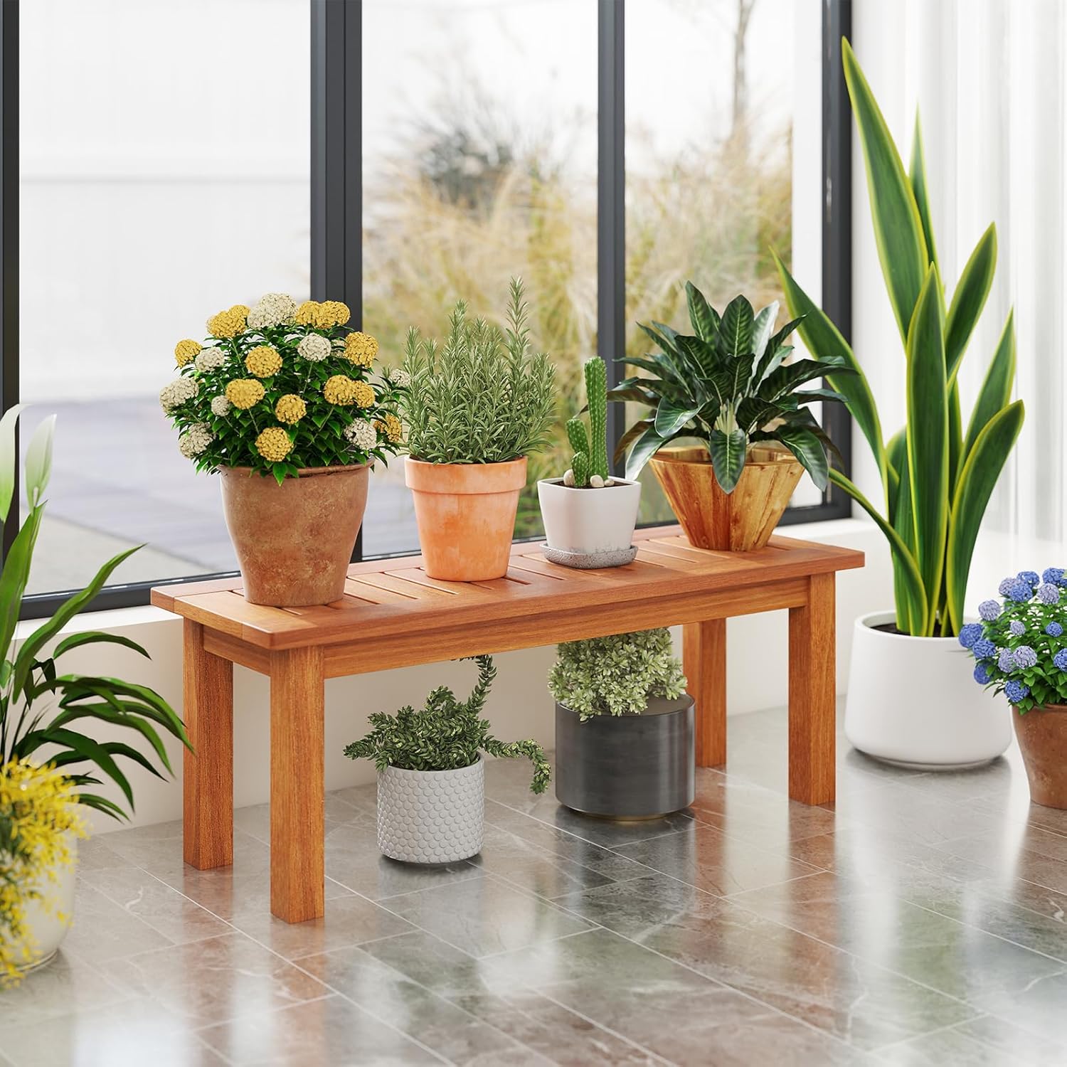 Tangkula Wooden Plant Stand, Outdoor Indoor Solid Wood Flower Pot Holder Display Shelf with Teak Oil Finish, Slatted Top, Rustic Plant Rack for Patio Garden Entryway Porch