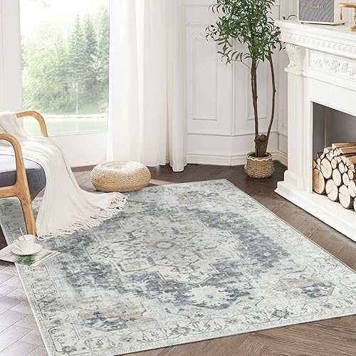 COLLACT Alfombra de 3 x 5  Alfombra de entrada, alfombra vintage lavable, alfombra floral para sala de estar, alfombra con estampado gris