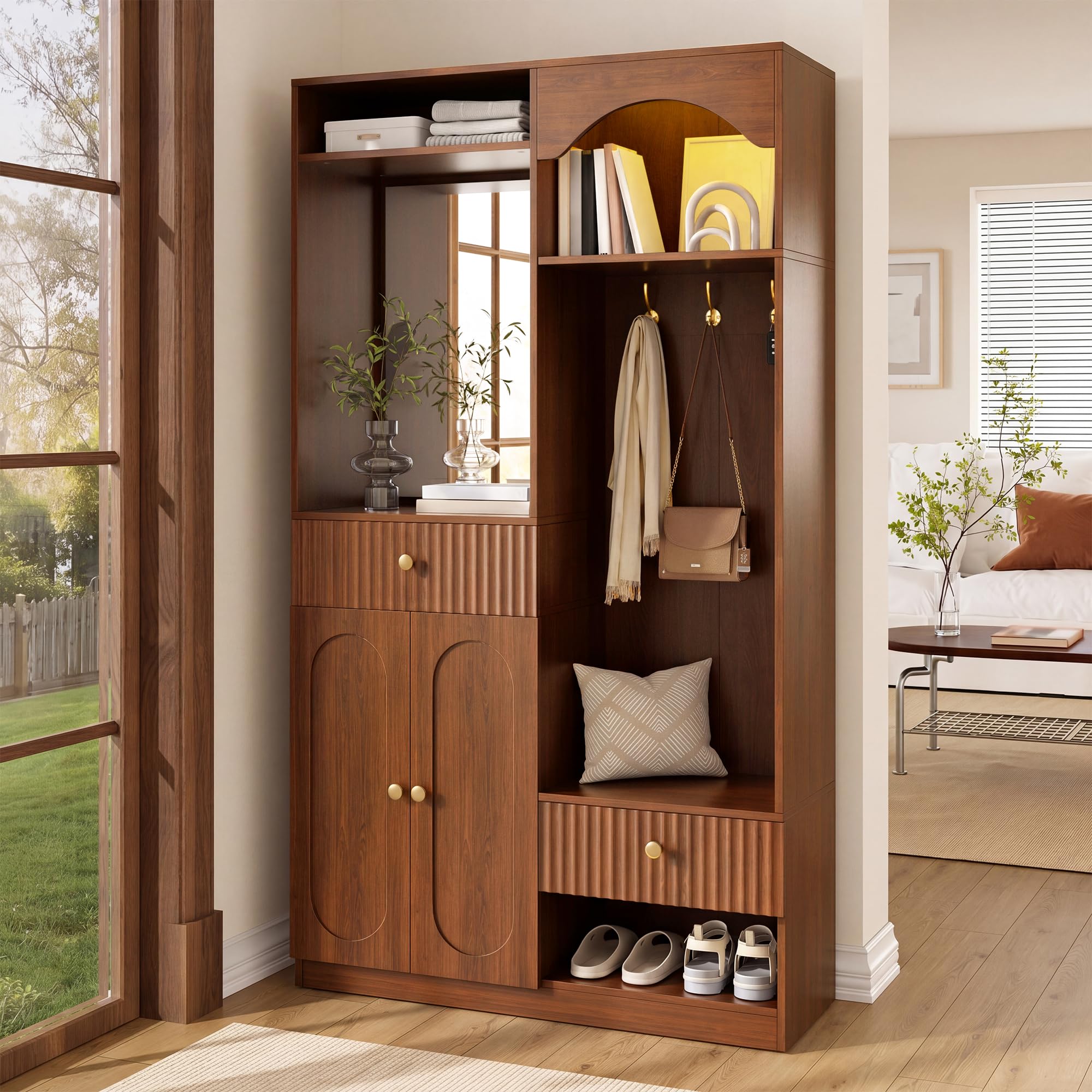 Garderobenset Wandgarderobe mit LED, Flurgarderobe Set mit Schuhschrank und Spiegel, Garderoben Set mit Türen und Kleiderhaken, Flurmöbel Set Kompaktgarderobe mit Regal, 100x35x180cm (Walnut)