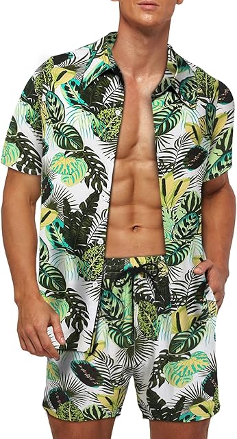 MANLUODANNI Men's Hawaiian Shirts and Shorts Set Casual Button Down Short Sleeve Flower Shirt Suits 1Green XL