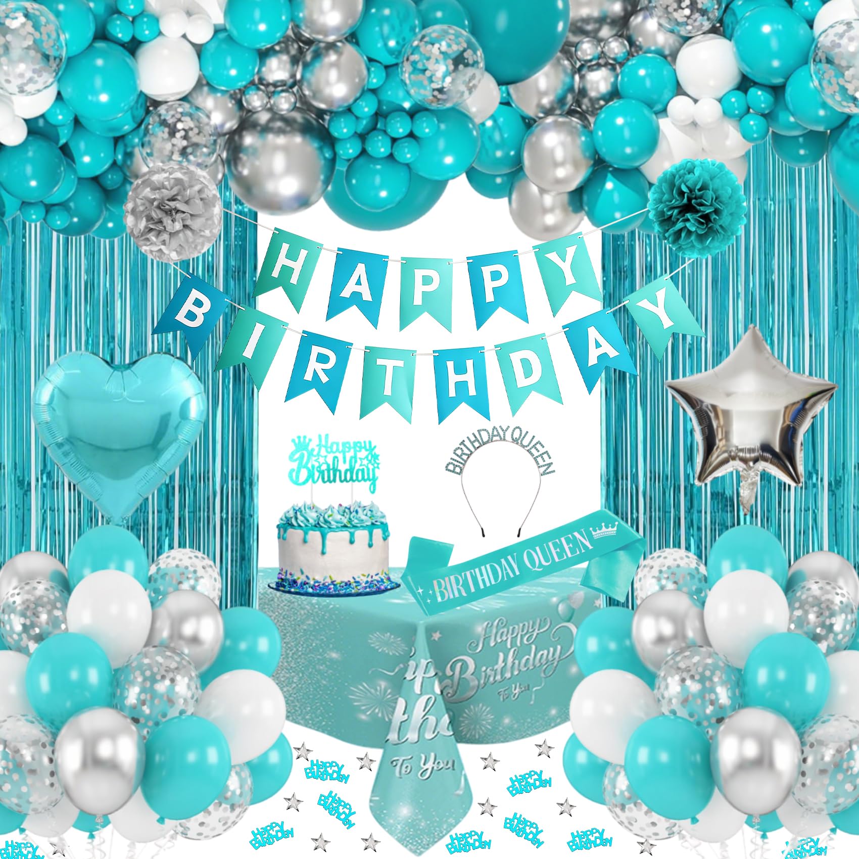 Teal Birthday Decorations, Teal Blue and Silver Birthday Party Decorations, Happy Birthday Banner, Latex Balloons, Fringe Curtain, Tablecloth, Bday Sash, Crown, Paper Pom Poms for Women