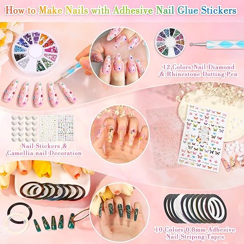 Miniatura 6 de Uñas postizas a presión de 24 colores de cobertura completa, 576 unidades, uñas largas a presión con diamantes de imitación, cintas adhesivas para