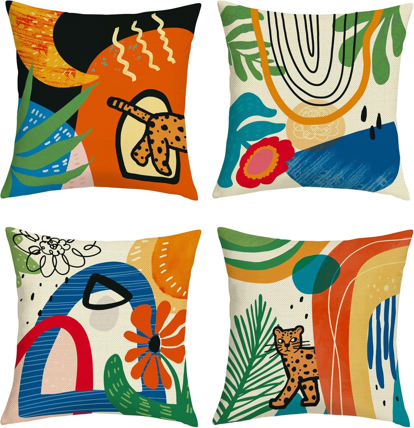Boho Floral Geometric Cushion Covers 45 x 45 Pack of 4 Abstract Modern Orange Aesthetic Floral Square Throw Pillow Case Decorative Sofa Cushion with Invisible Zipper
