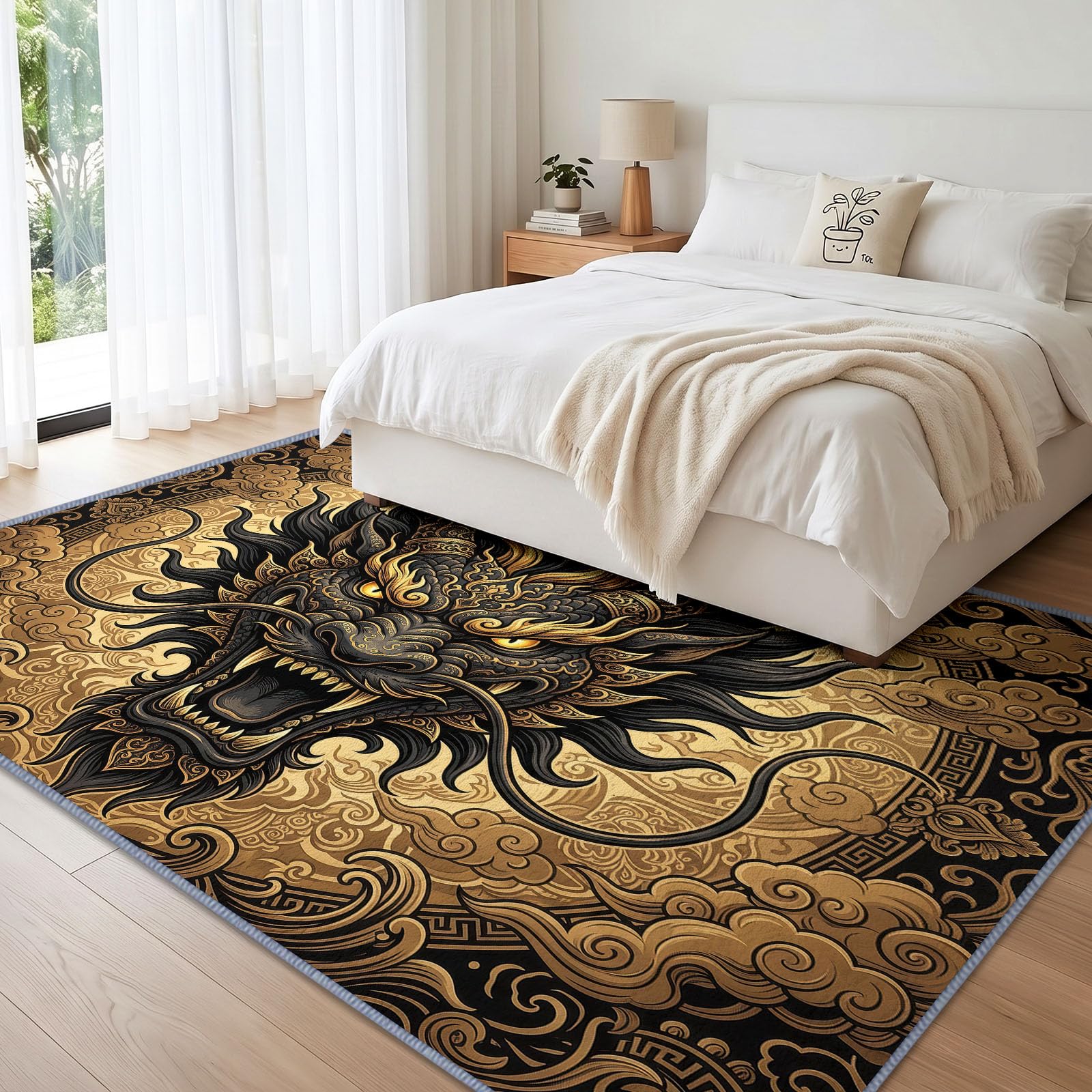 Tête Dragon Noir Nuages Fastes Tapis Salon Antidérapant Lavable 140x200cm