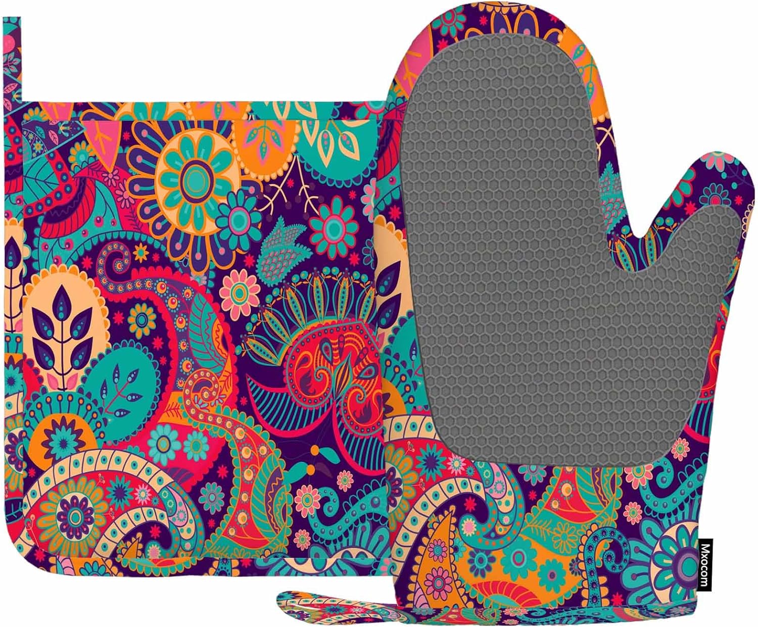 Mxocom Colorful Flowers Silicone Oven Mitts and Pot Holders Sets Exotic Curly Ethnic Fantastic Floral Colorful Artistic BBQ Gloves for Kitchen,Cooking,Baking,Grilling