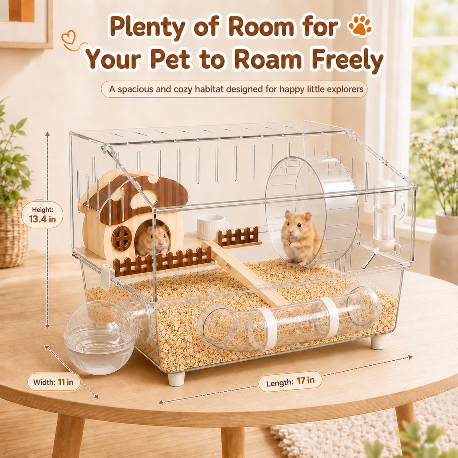 Grande cage à hamster en acrylique avec accessoires, habitat pour hamster à 2 couches avec roue d'exercice, tunnel et plate-forme, cage à souris transparente pour hamsters nains, gerbilles et petits