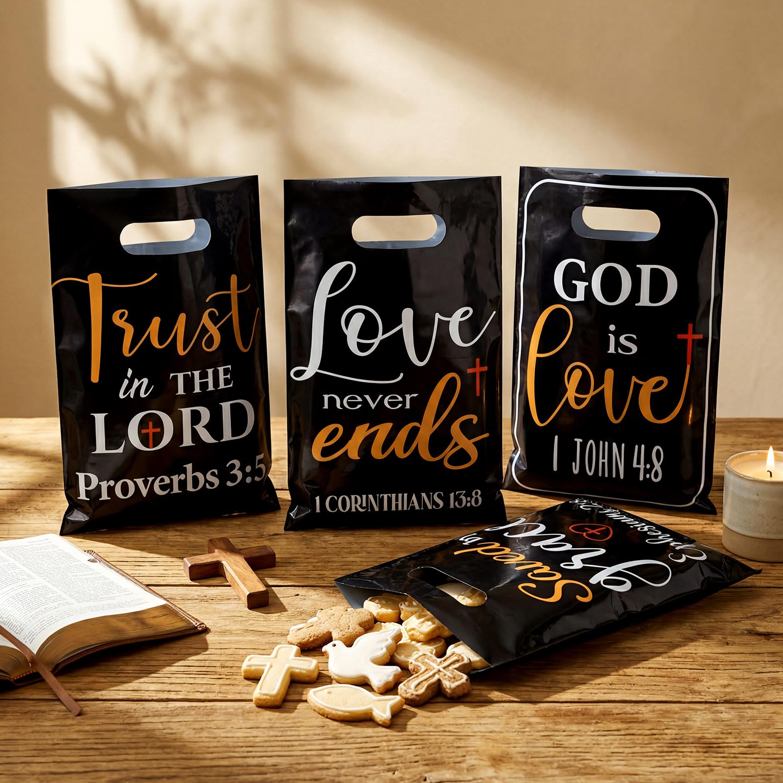 Pasimy 100 Pcs Christian Gift Bags Bulk 6.7 x 9.8 In Plastic Bible Verse Religious Goodie Bags Inspirational Scripture Treat Candy Party Favor Pouch for Church Jesus Birthday Gifts(Black,Elegant)