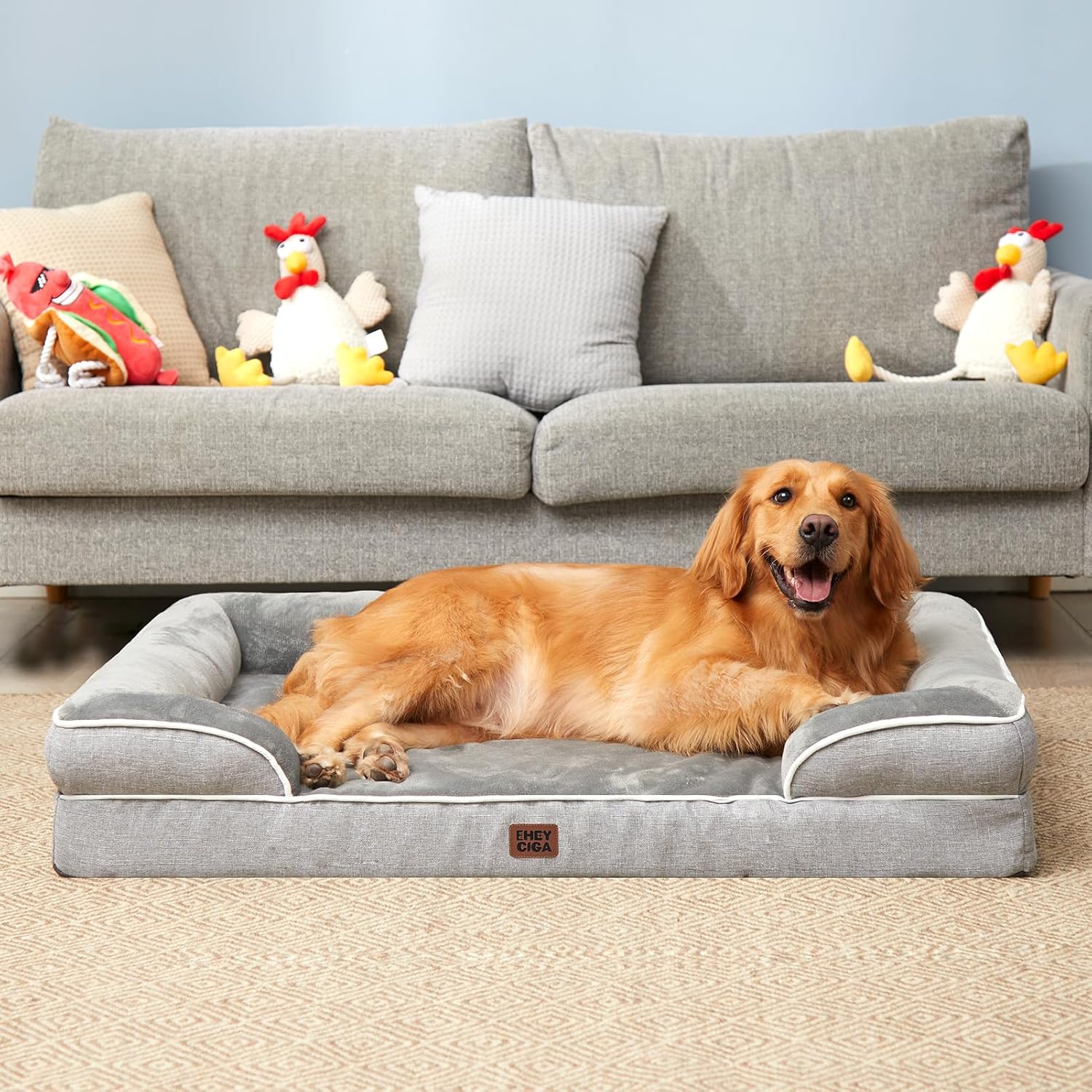 EHEYCIGA Dog Bed Cover Replacement for Extra Large Dog Bed, Waterproof Washable Removable Cover for Orthopedic Memory Foam Dog Sofa, Non-Slip Bottom, Grey, Cover Only