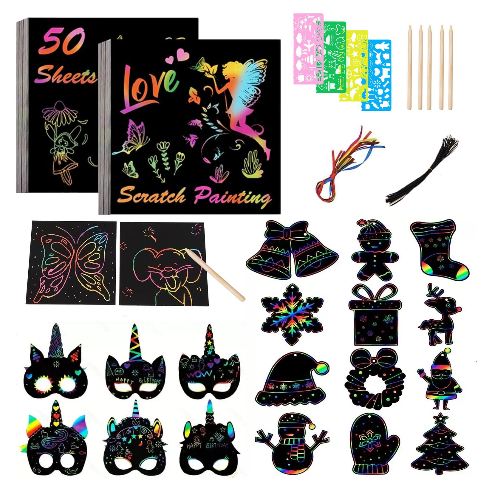 95 Stück Einhorn und Weihnachten Kratzbilder Set,Inklusive 6 Einhornmasken-Kratzbilder,12 weihnachtliche Kratzbilder, 50 Kratzpapier,Enthält Schablonen,Bänder und Kratzstifte, für Party Deko Handwerk