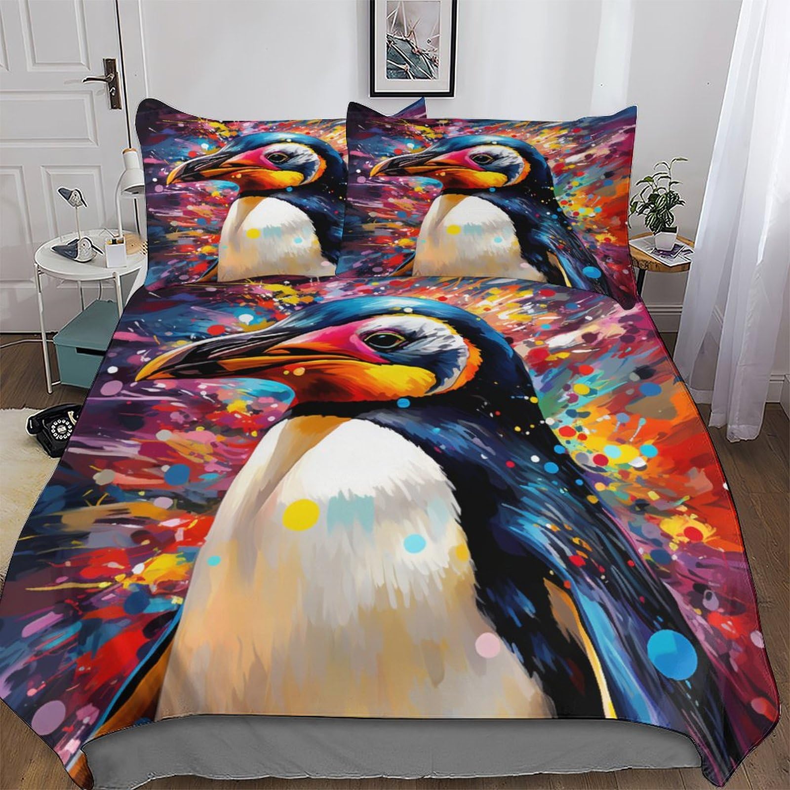 Parure de lit pingouin avec taie d'oreiller en microfibre imprimée 3D King 220x240