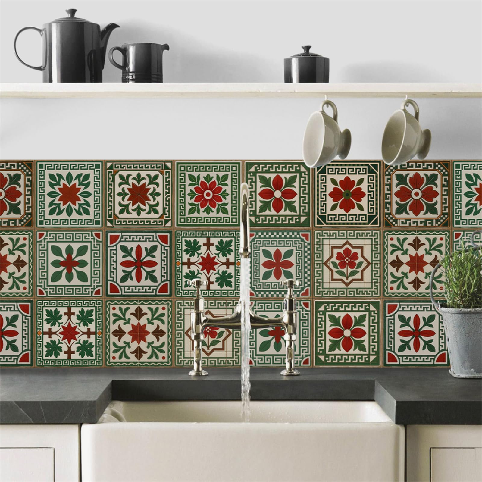 Tile Decals, Red Flowers Peel and Stick Wall Stickers PVC Decorative for Kitchen Washroom Bedroom,Floor Tiles(15X15CM/24PCS)