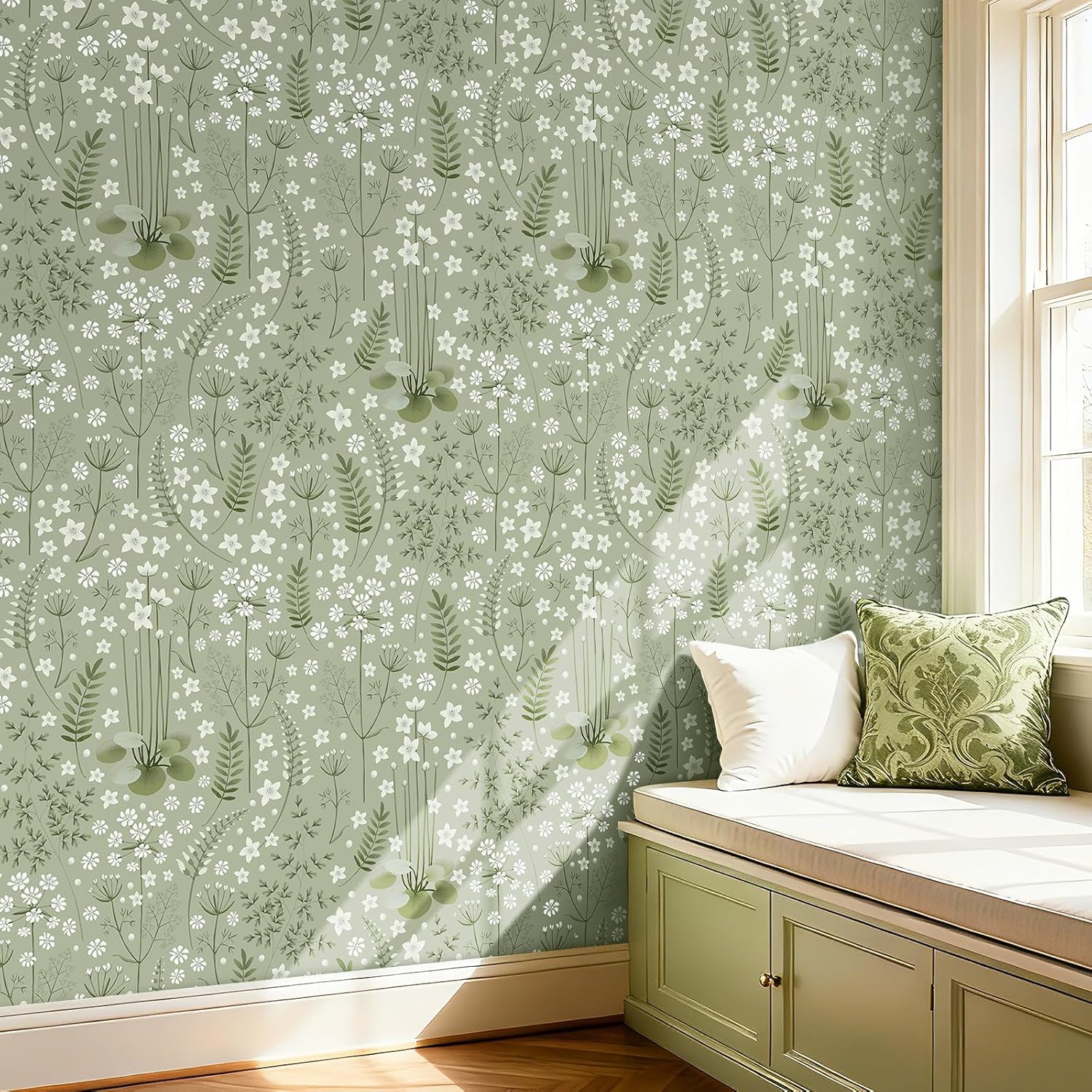 FunStick 17.5"x354" Sage Green Floral Wallpaper Peel and Stick Nature Leaves White Wildflower Botanical Wallpaper for Bedroom Wall Paper Removable Green Floral Contact Paper for Wall Decor Cabinets
