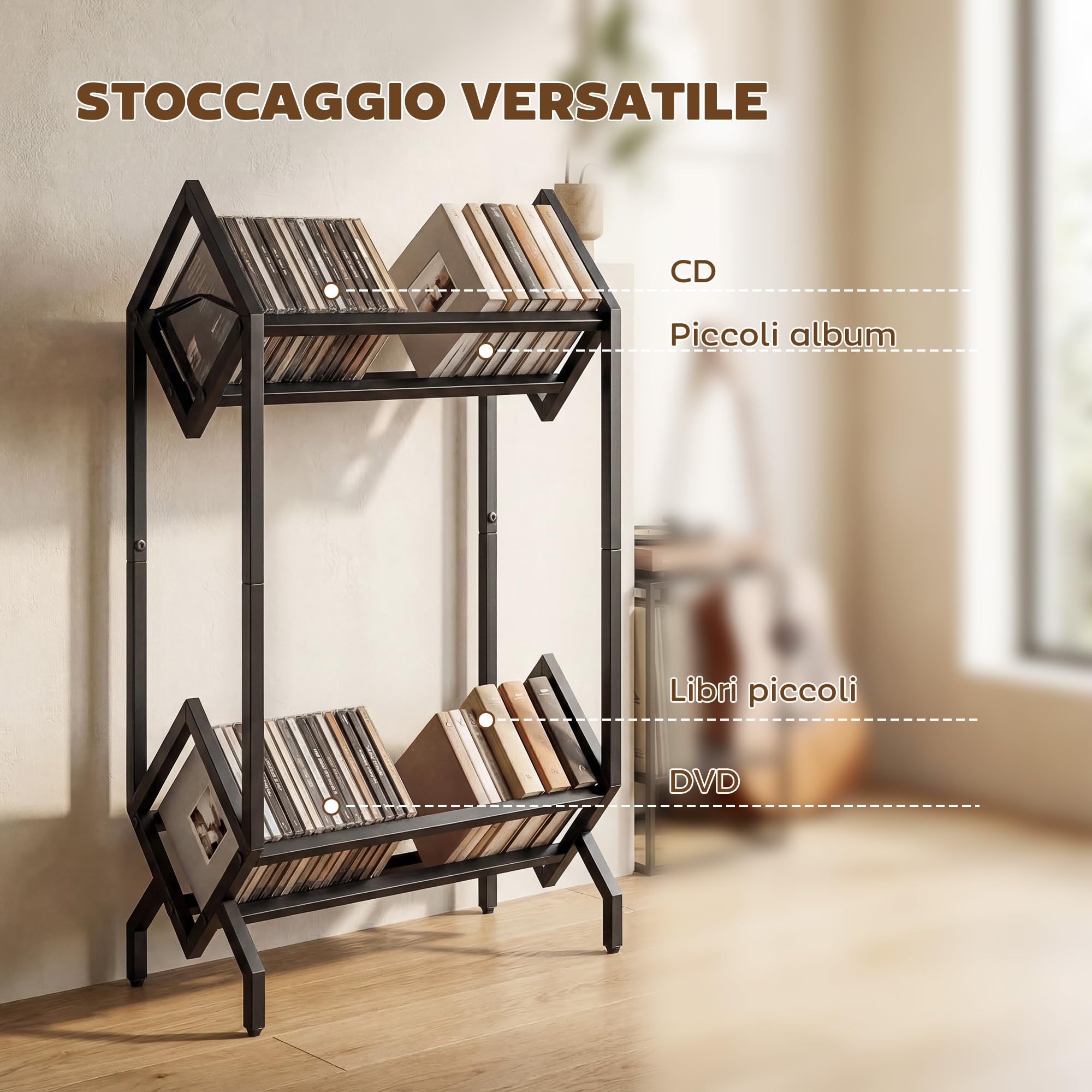 Meuble porte-CD HOMCOM à 2 niveaux en métal, étagère pouvant contenir 50 CD, peu encombrante, meuble porte- pour DVD et livres, pour le salon, la chambre à coucher ou le bureau, 45,2 x 25,4 x 80