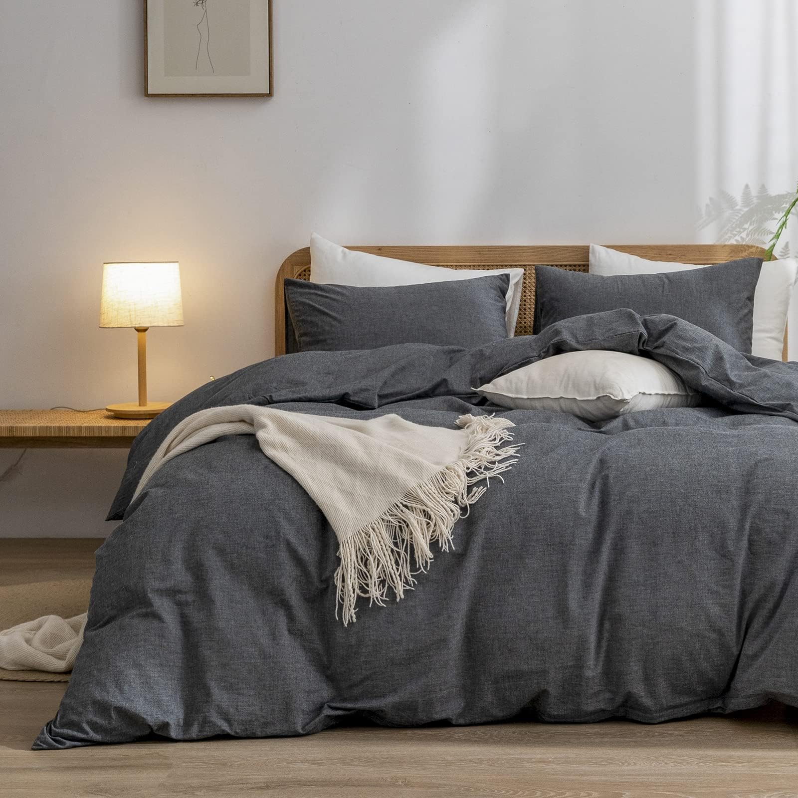 BESTOUCH Duvet Cover Set 100% Washed Cotton Linen Feel Super Soft Comfortable Chic Lightweight 3 PCs Home Bedding Set Solid Dark Black Alaska King โ image 1
