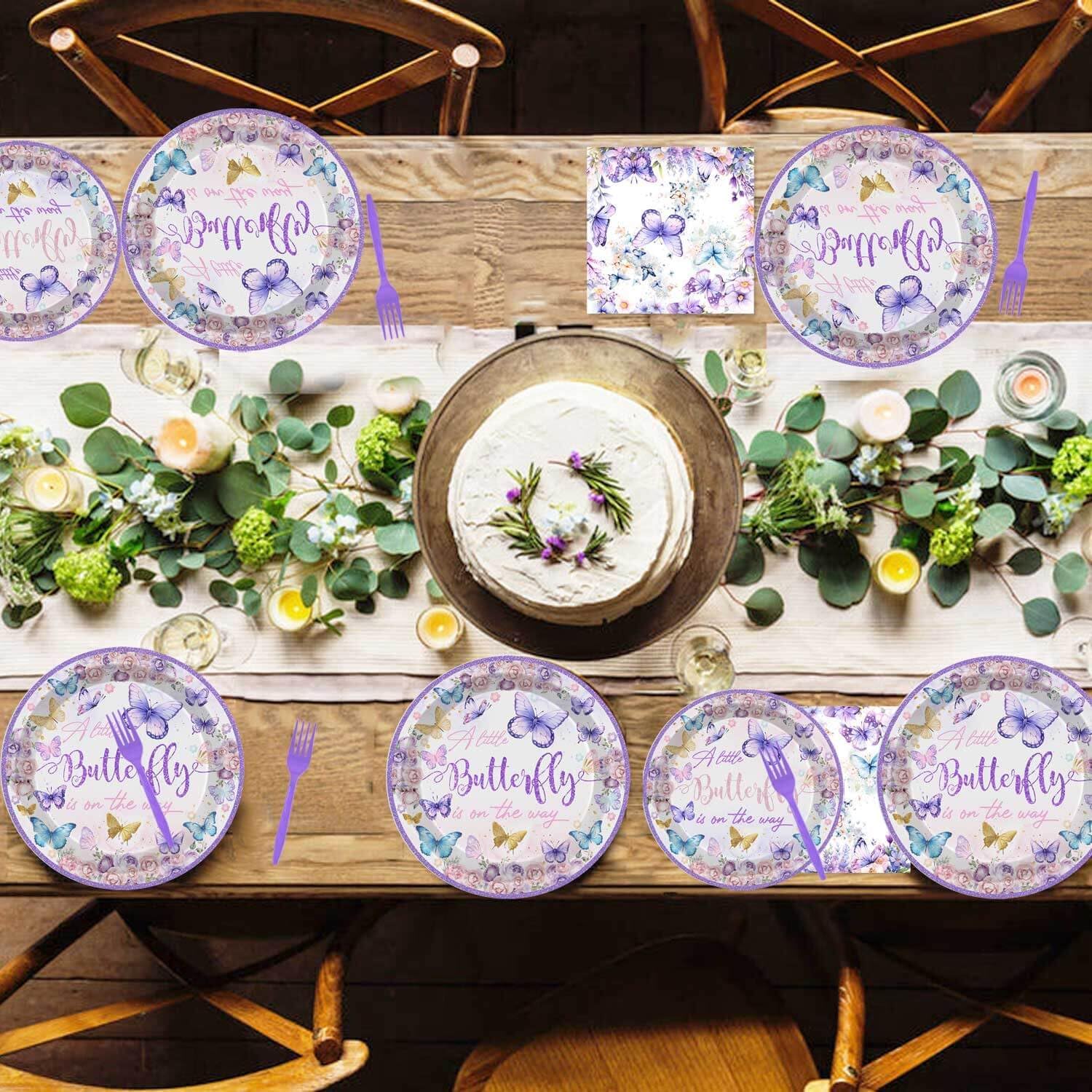 149 Pcs Butterfly Baby Shower Party Supplies Purple A Little Butterfly Is On The Way Tableware Includes Hanging Swirl, Plates, Cups, Straws, Tablecloth for Girls Gender Reveal 1st Bday Decorations