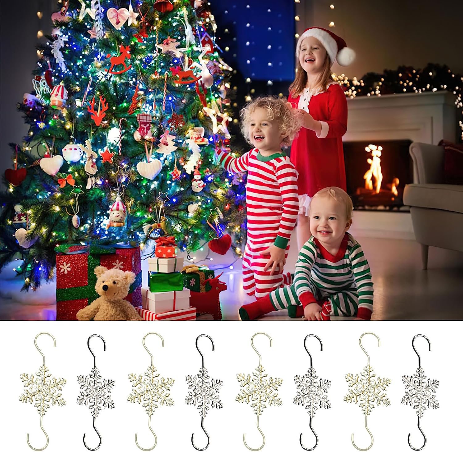 AUOCATTAIL 20 Pcs Snowflake Christmas Ornament Hooks Gold Silver Christmas Snowflakes S Hook Wire Coat Hanger Decorate for Xmas Winter Party Supplies 2.67 inch