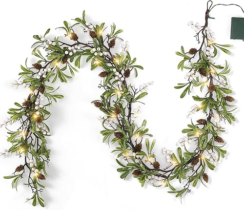 Guirnalda de Navidad preiluminada de 6 pies con bayas blancas y oliva, guirnaldas de muérdago a pilas con temporizador para barandilla de escalera,